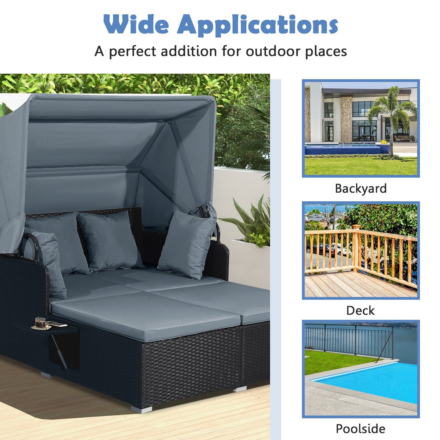 Patio Rattan Daybed with Retractable Canopy and Side Tables, Gray