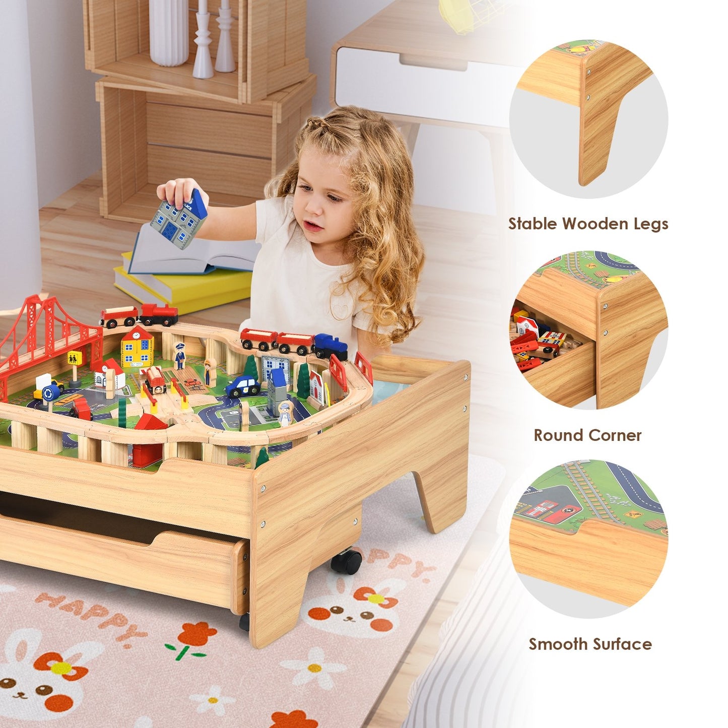 Children's Wooden Railway Set Table with 100 Pieces Storage Drawers, Natural
