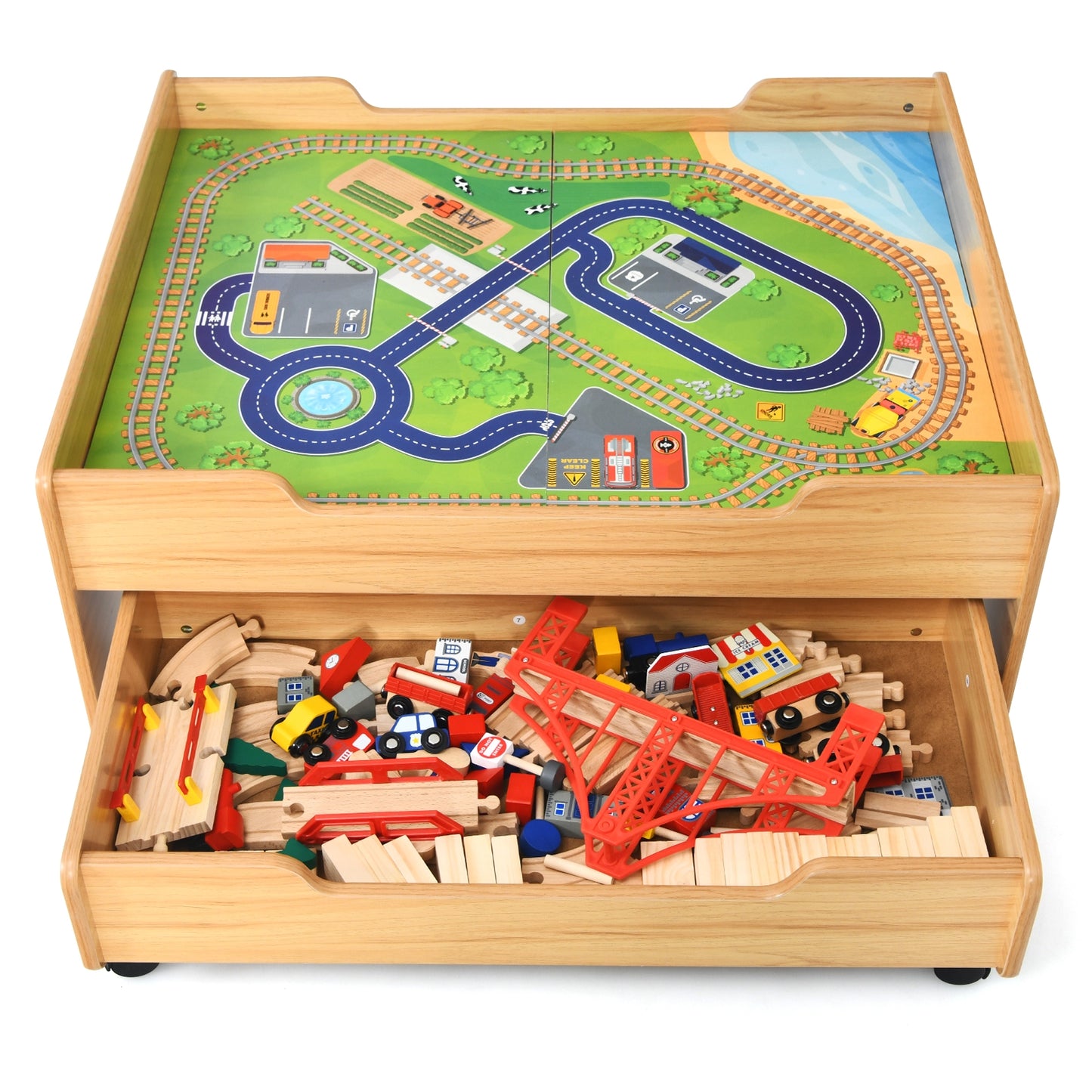Children's Wooden Railway Set Table with 100 Pieces Storage Drawers, Natural Learning Toys at Gallery Canada