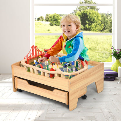 Children's Wooden Railway Set Table with 100 Pieces Storage Drawers, Natural
