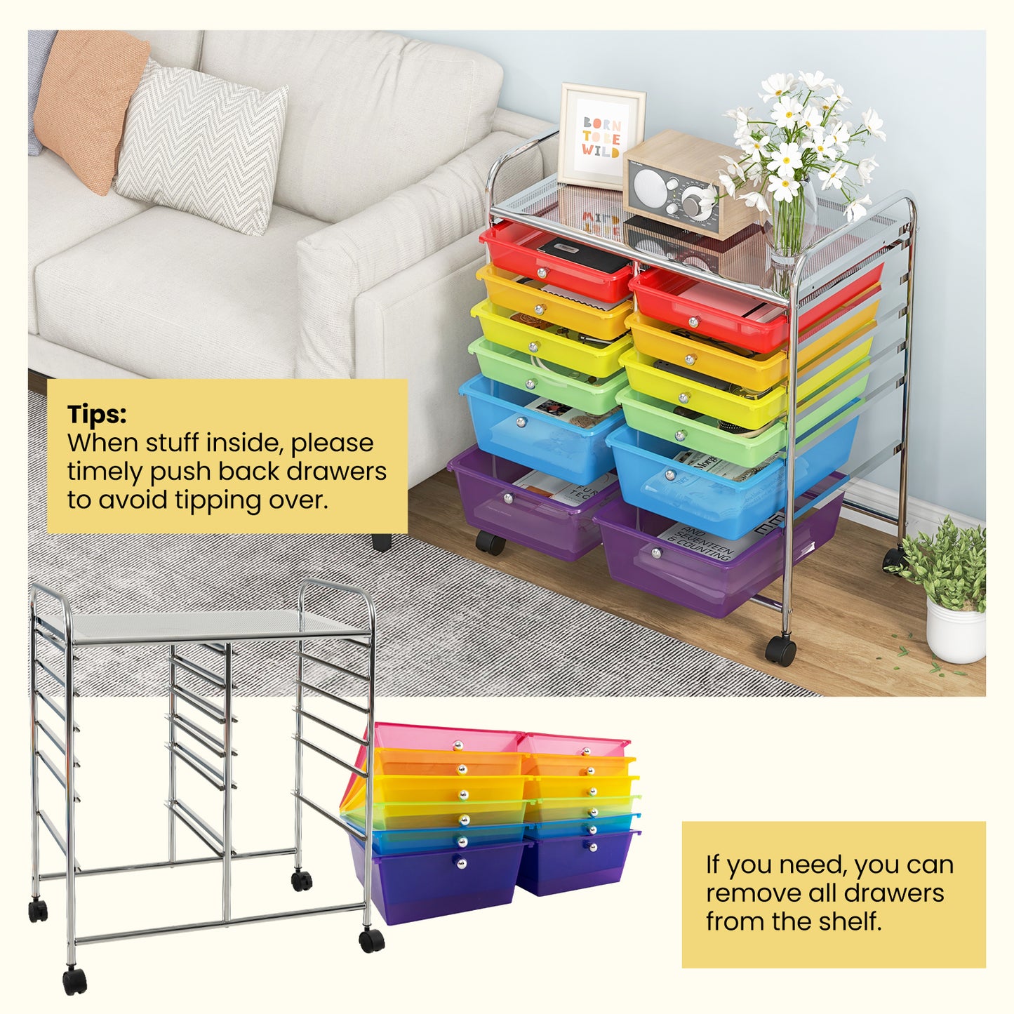 12 Storage Drawer Organizer Bins Rolling Cart, Transparent, Multicolor