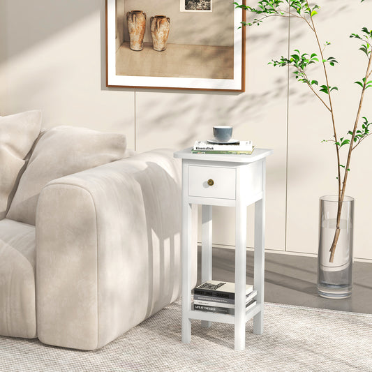2 Tier Slim Nightstand, With Drawer Shelf, White