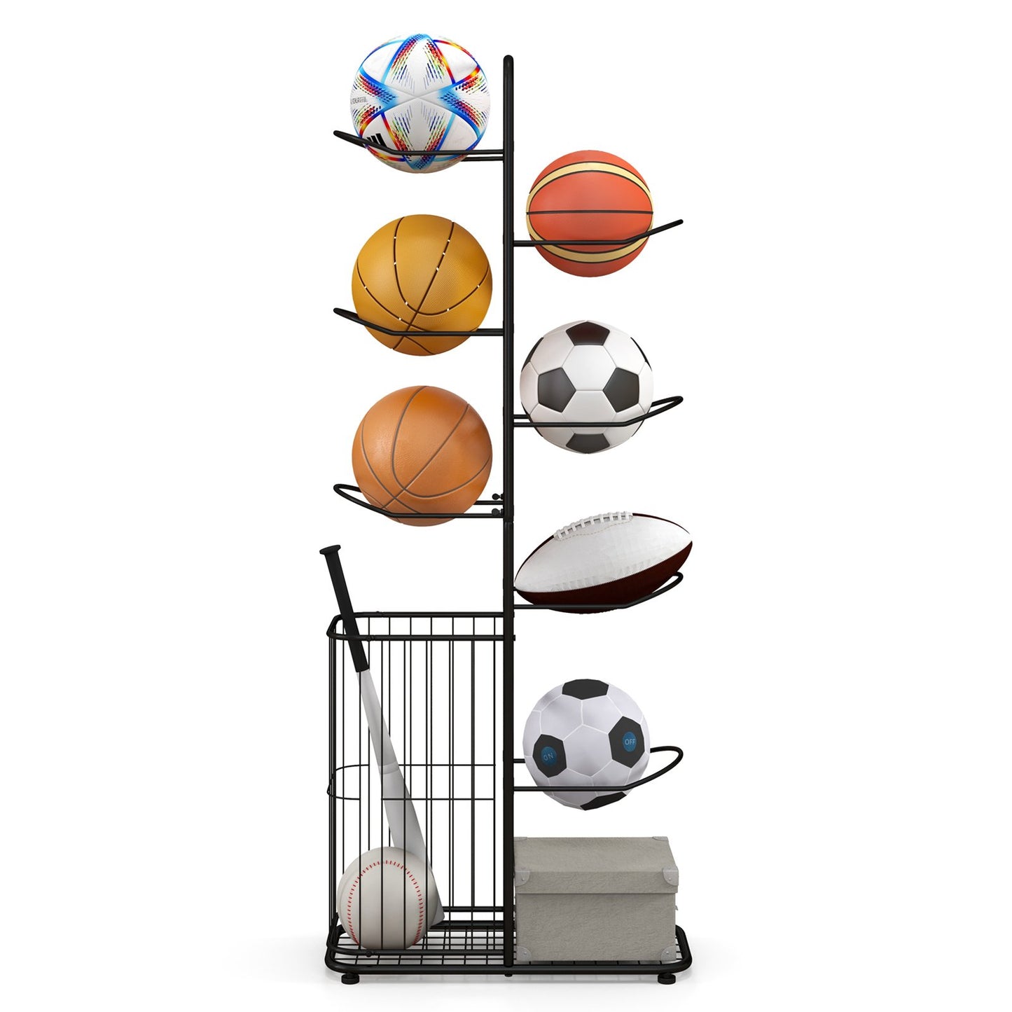 Metal Basketball Holder with 7 Removable Hanging Rods and Side Ball Basket, Black