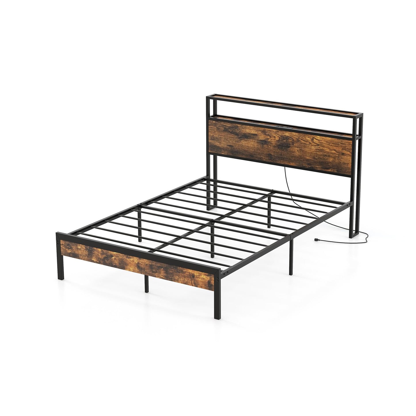Twin/Full/Queen Bed Frame with Storage Headboard and Charging Station-Full Size, Rustic Brown