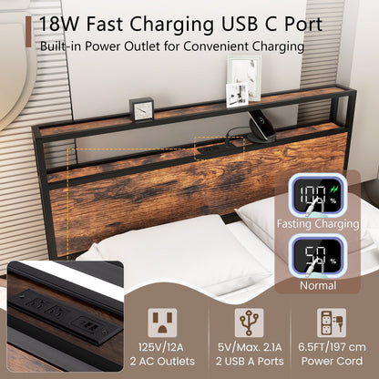Twin/Full/Queen Bed Frame with Storage Headboard and Charging Station-Full Size, Rustic Brown