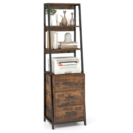 Multifunctional Tall Bookcase with Open Shelves and Storage Drawers-, Rustic Brown