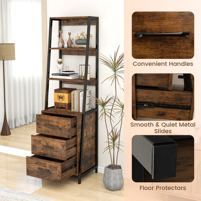 Multifunctional Tall Bookcase with Open Shelves and Storage Drawers-, Rustic Brown