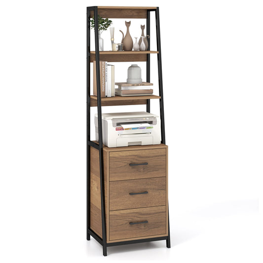 Multifunctional Tall Bookcase with Open Shelves and Storage Drawers, Natural