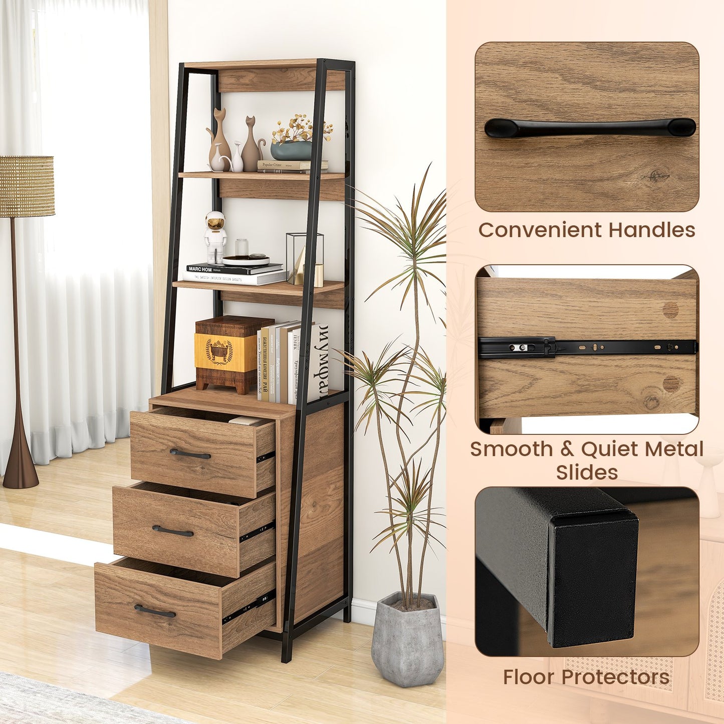 Multifunctional Tall Bookcase with Open Shelves and Storage Drawers, Natural