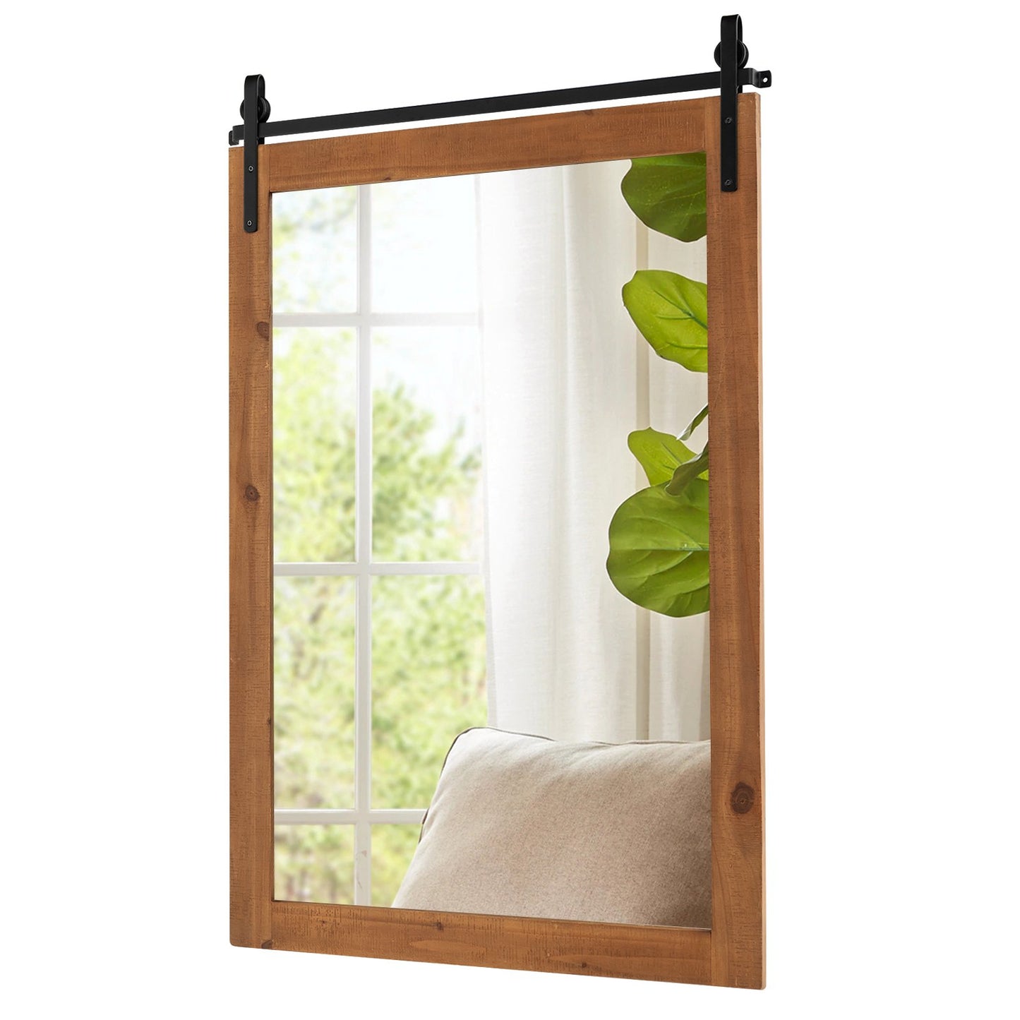 40 x 25 Inch Farmhouse Bathroom Mirror with Wooden Frame and Metal Bracket, Brown
