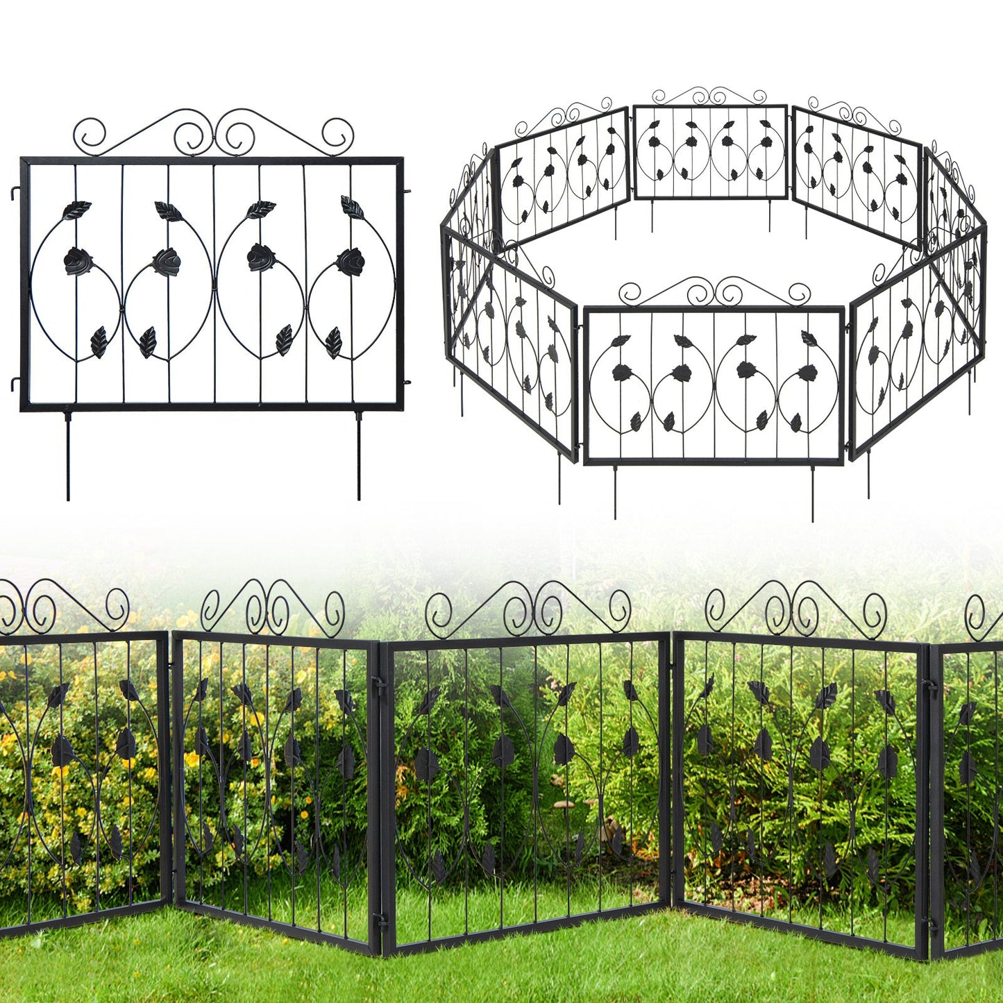 Decorative Garden Fence with 8 Panels Animal Barrier, Black