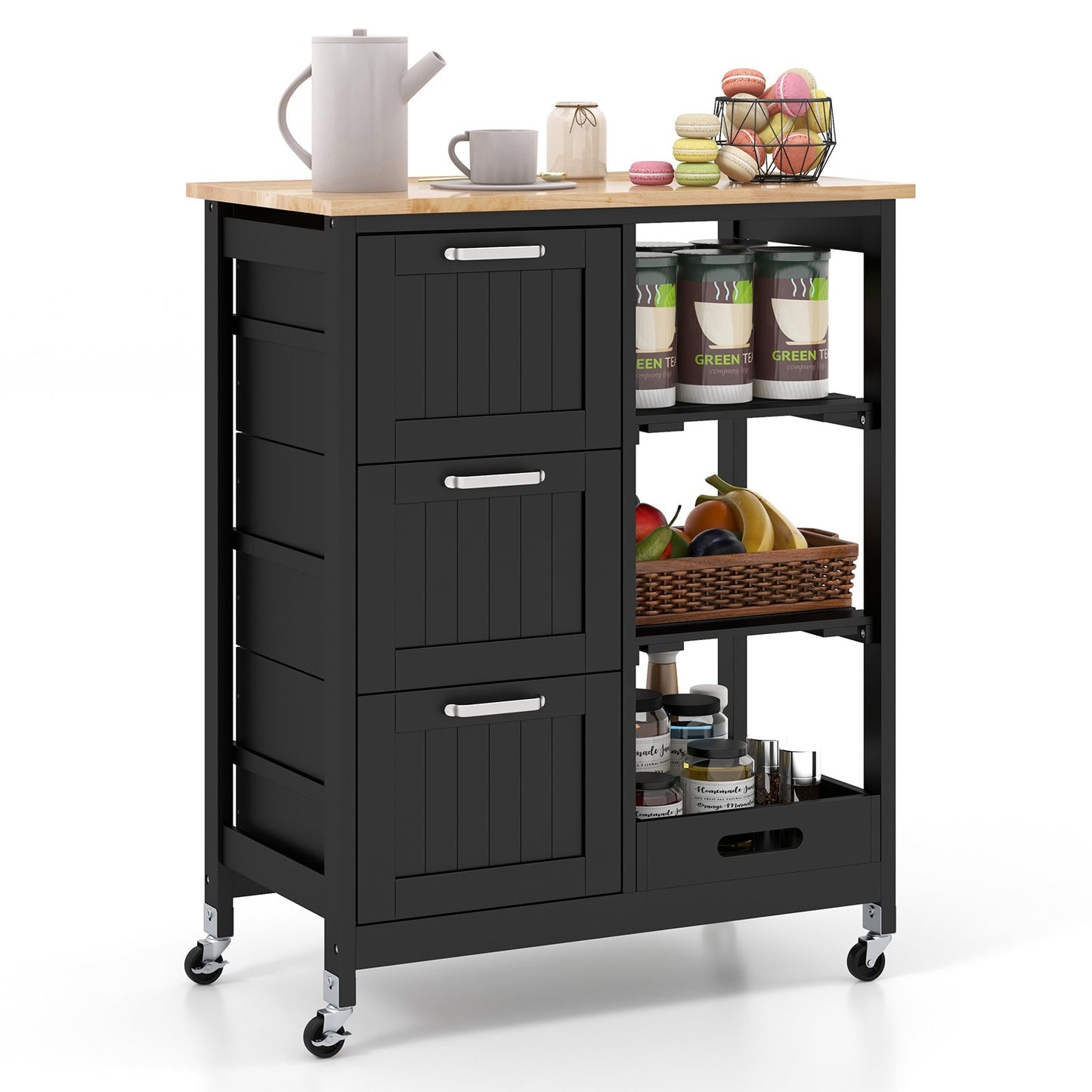 Rolling Kitchen Island Utility Storage Cart with 3 Large Drawers, Black
