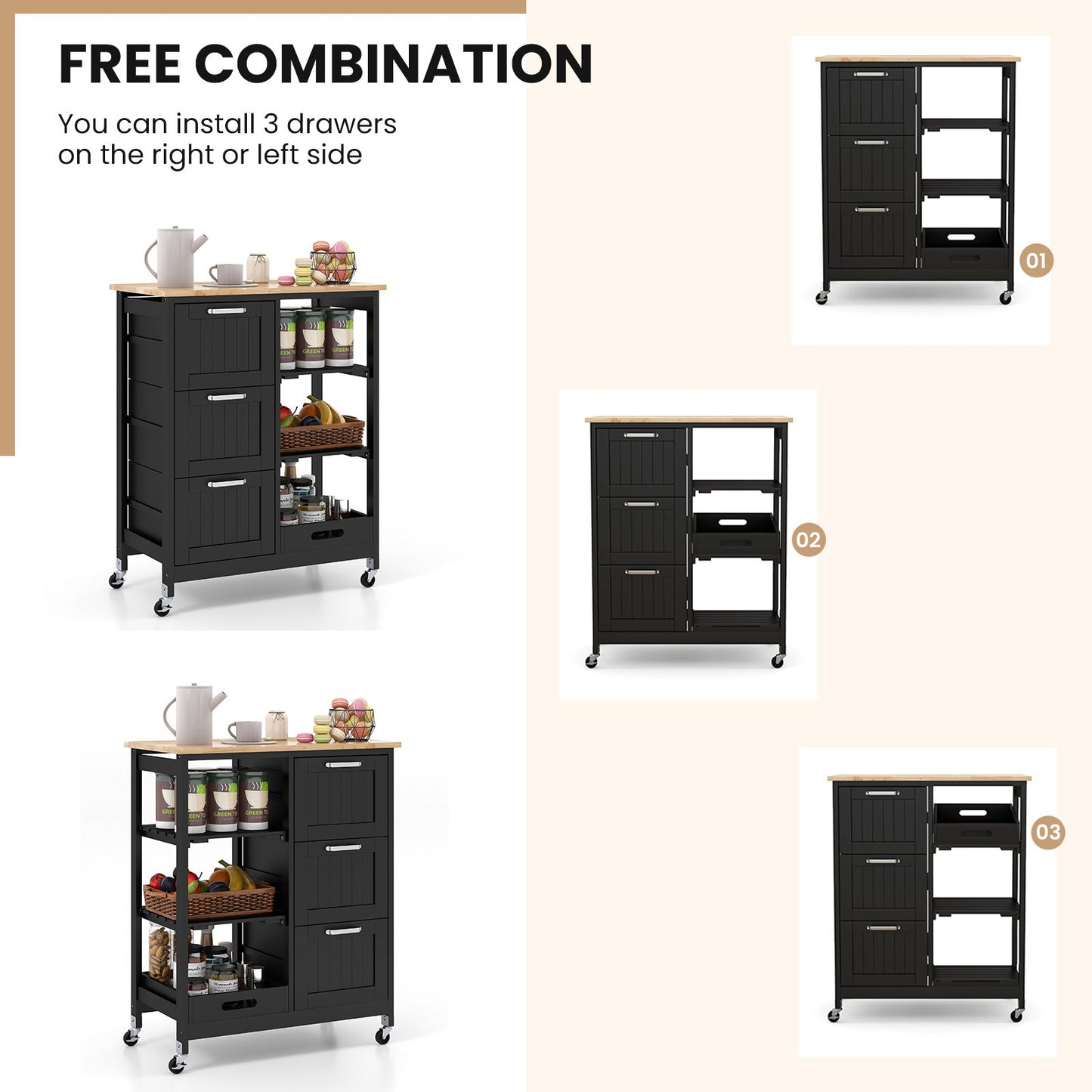 Rolling Kitchen Island Utility Storage Cart with 3 Large Drawers, Black at Gallery Canada