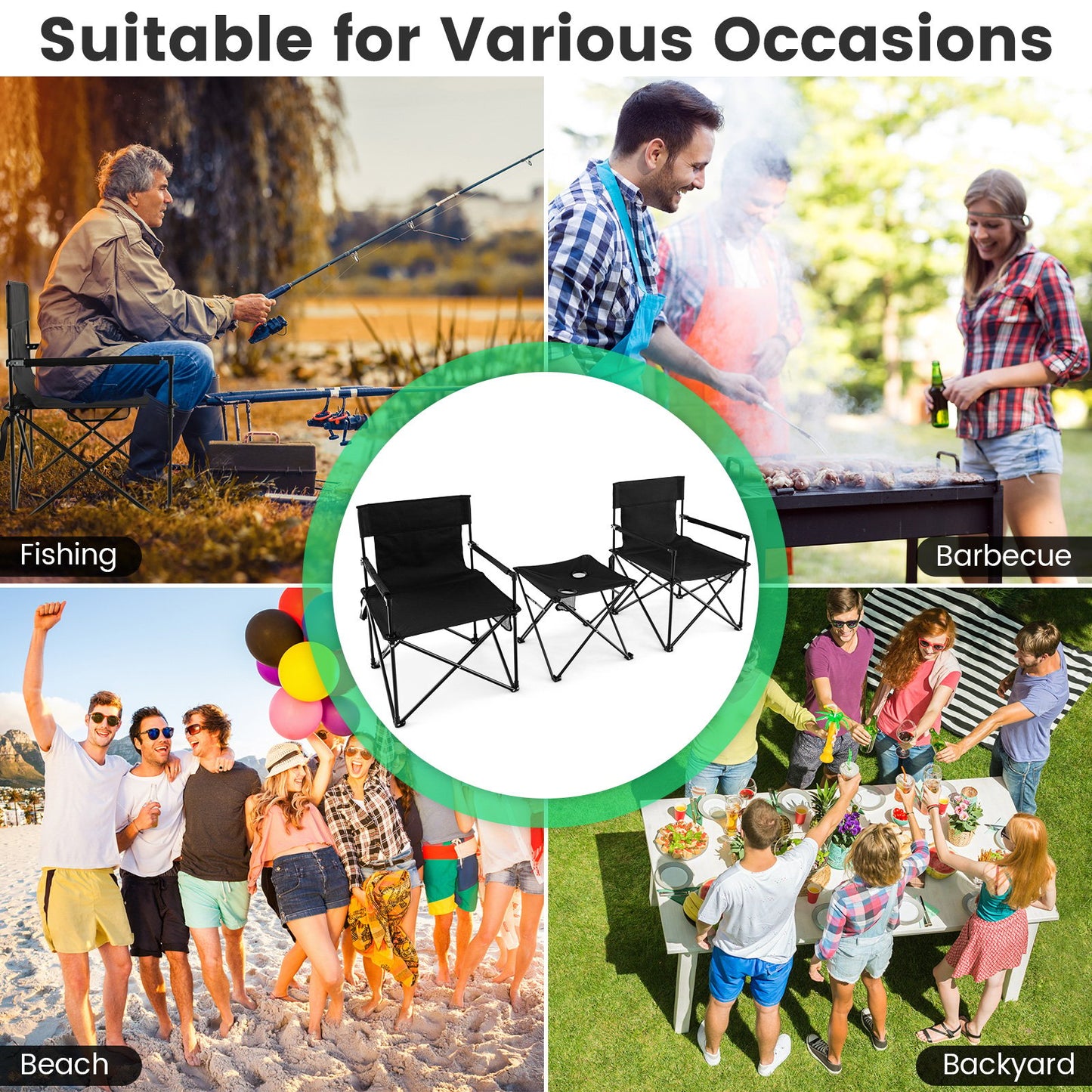 Outdoor Folding Camping Chairs and Table Set with Carrying Bag, Black