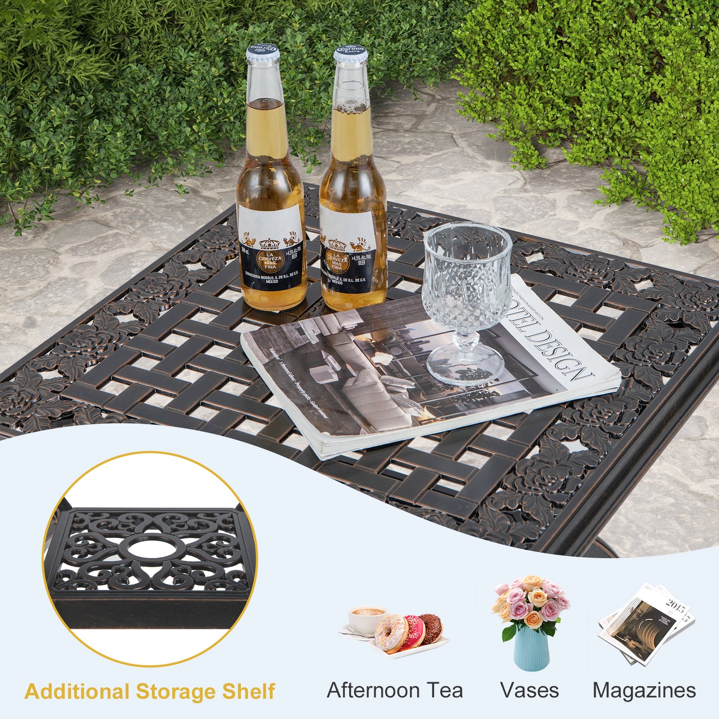 Cast Aluminum Side Table With Storage Shelf, 18 Inch, Brown Patio Coffee Tables at Gallery Canada