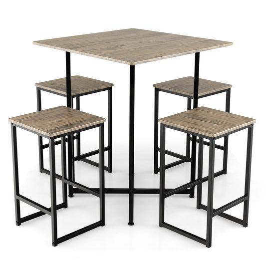 5 Piece Square Space-saving Dining Table Set with 4 Stools, Brown