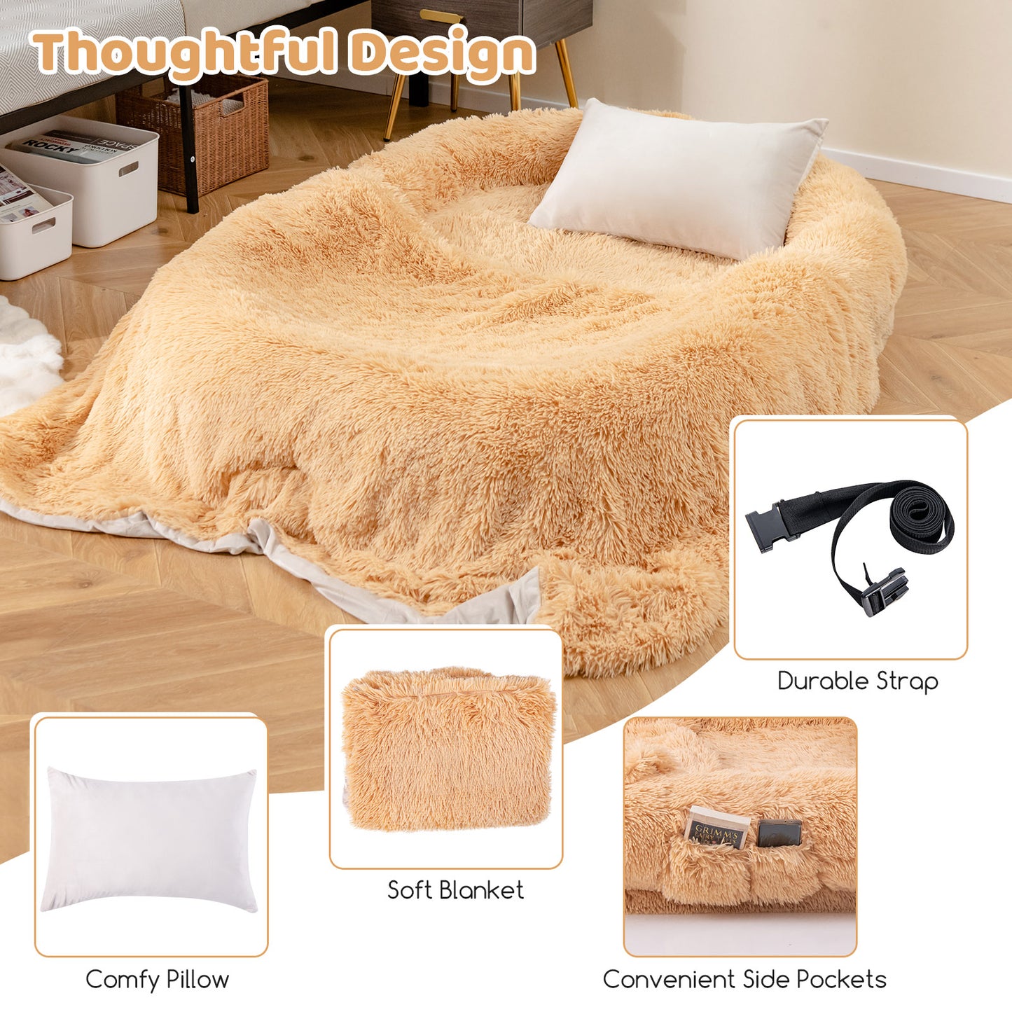 Washable Fluffy Human Dog Bed with Soft Blanket and Plump Pillow, Brown Dog Supplies at Gallery Canada