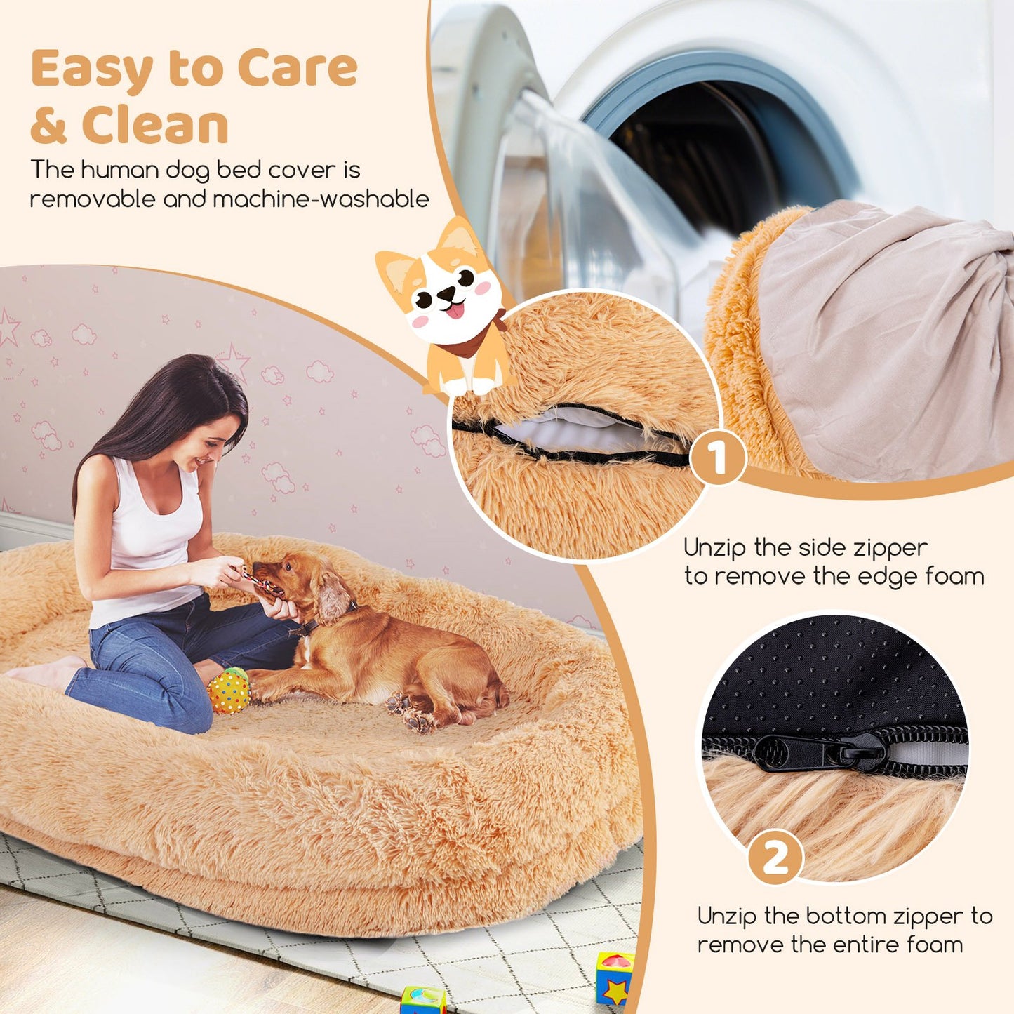 Washable Fluffy Human Dog Bed with Soft Blanket and Plump Pillow, Brown