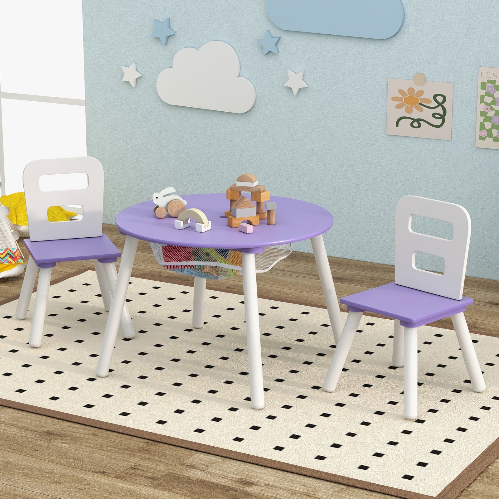 Wood Activity Kids Table and Chair Set with Center Mesh Storage, Purple at Gallery Canada