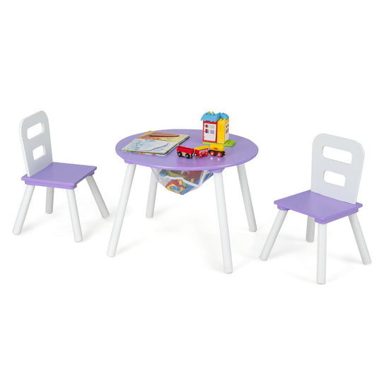 Wood Activity Kids Table and Chair Set with Center Mesh Storage, Purple