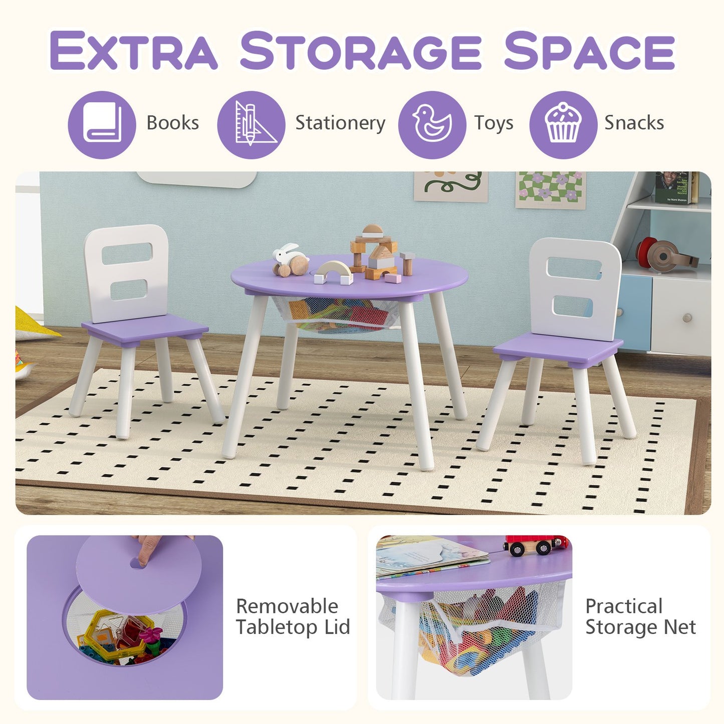 Wood Activity Kids Table and Chair Set with Center Mesh Storage, Purple at Gallery Canada