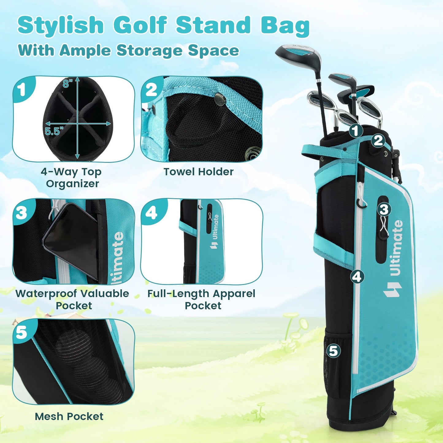 Junior Complete Golf Club Set with Stand Bag Rain Hood, Blue