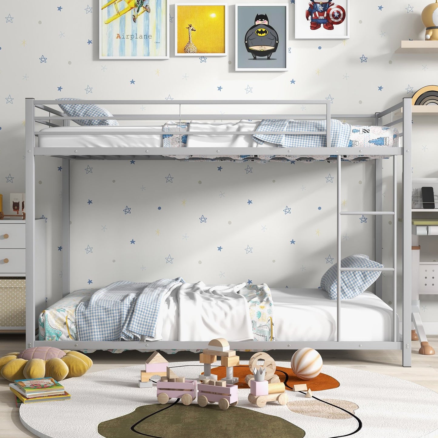 Low Profile Twin Over Twin Metal Bunk Bed with Full-length Guardrails, Silver