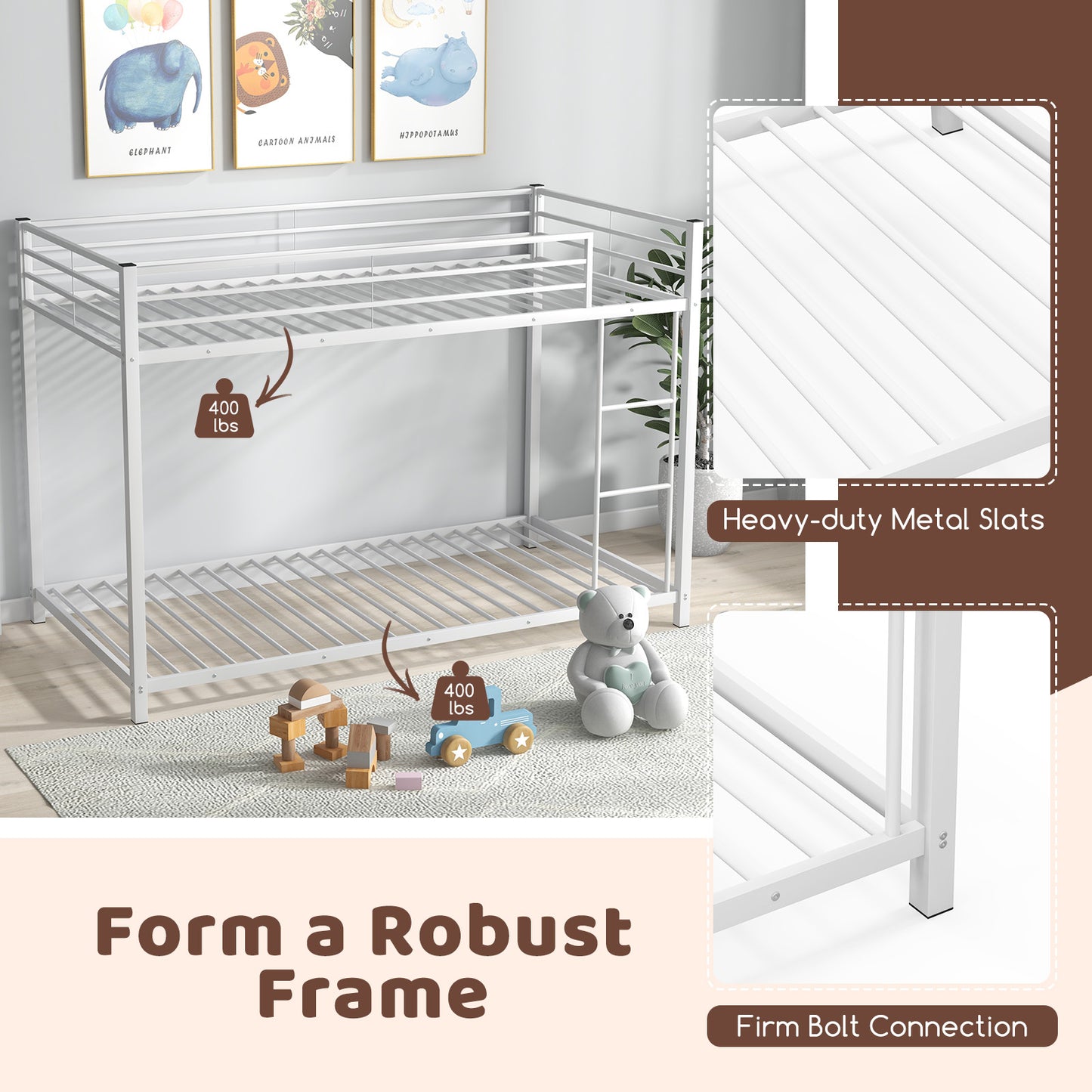 Low Profile Twin Over Twin Metal Bunk Bed with Full-length Guardrails, White Bunk Bed Frame at Gallery Canada