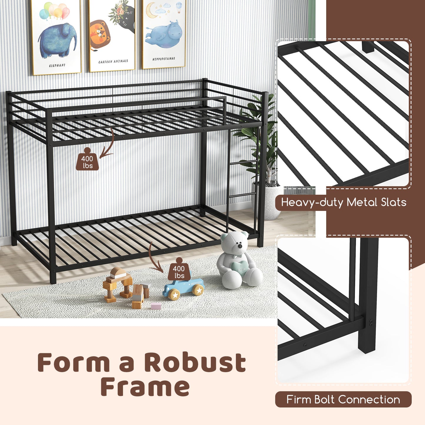Twin Over Twin Metal Bunk Bed, Full Guardrails, Black Bunk Bed Frame at Gallery Canada
