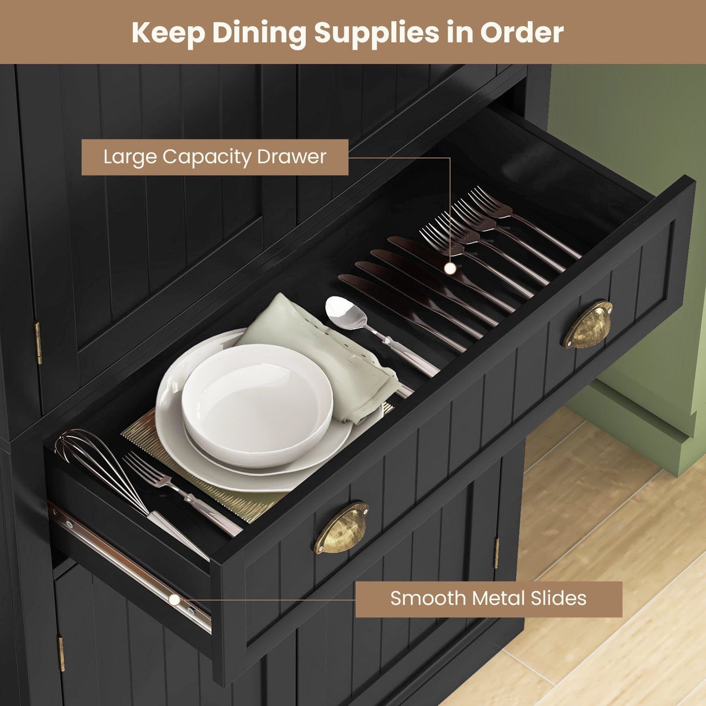 Cupboard Freestanding Kitchen Cabinet w/ Adjustable Shelves, Black