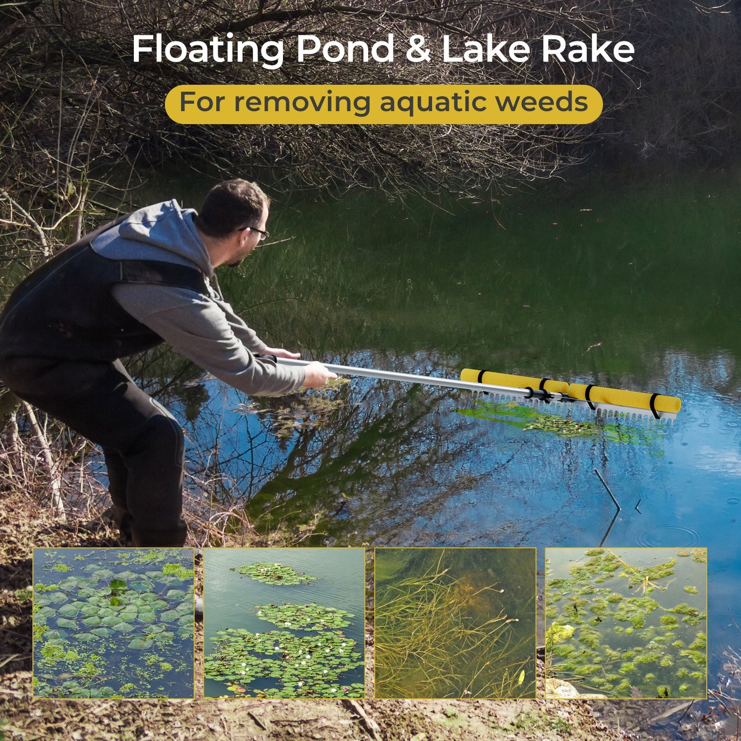 Floating Weed Lake Rake 36” Aquatic Pond Weed Cutter with Foam Floats