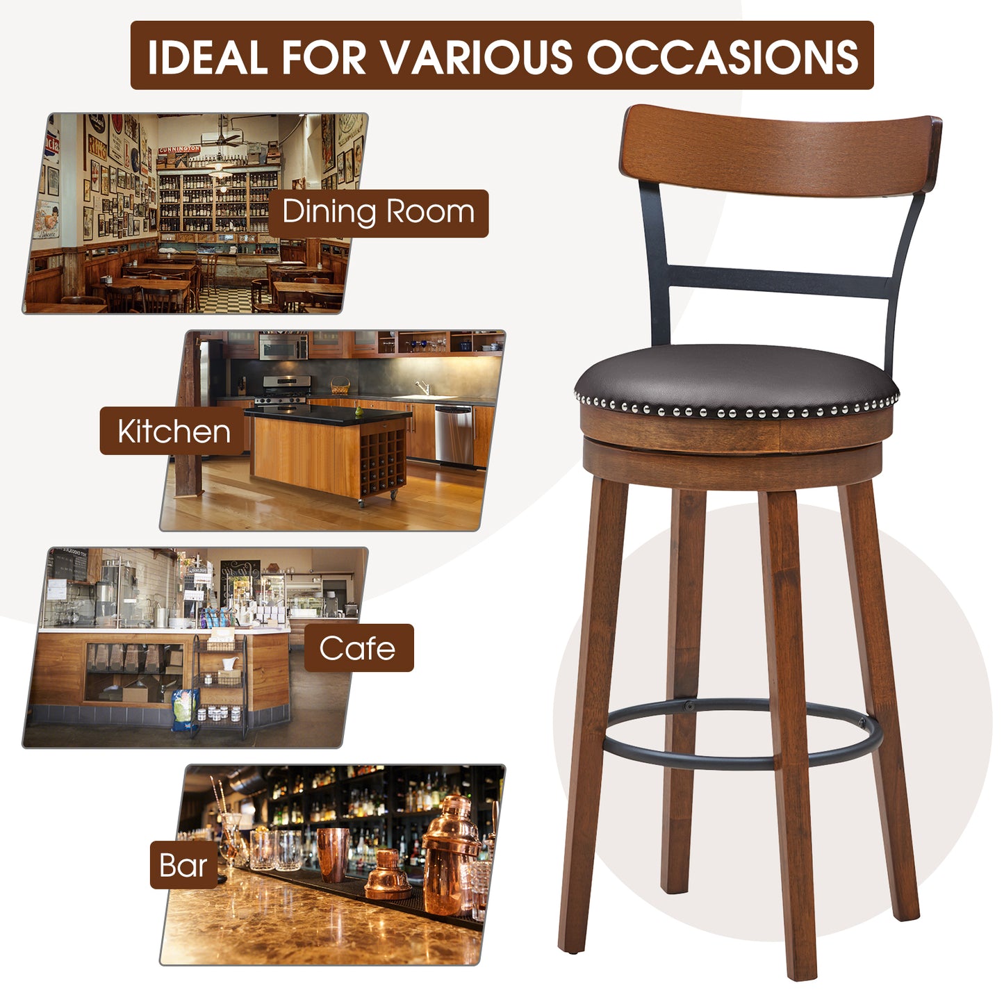 Set of 2 30.5 Inch Swivel Pub Height Bar Stool, Brown Bar Stools at Gallery Canada