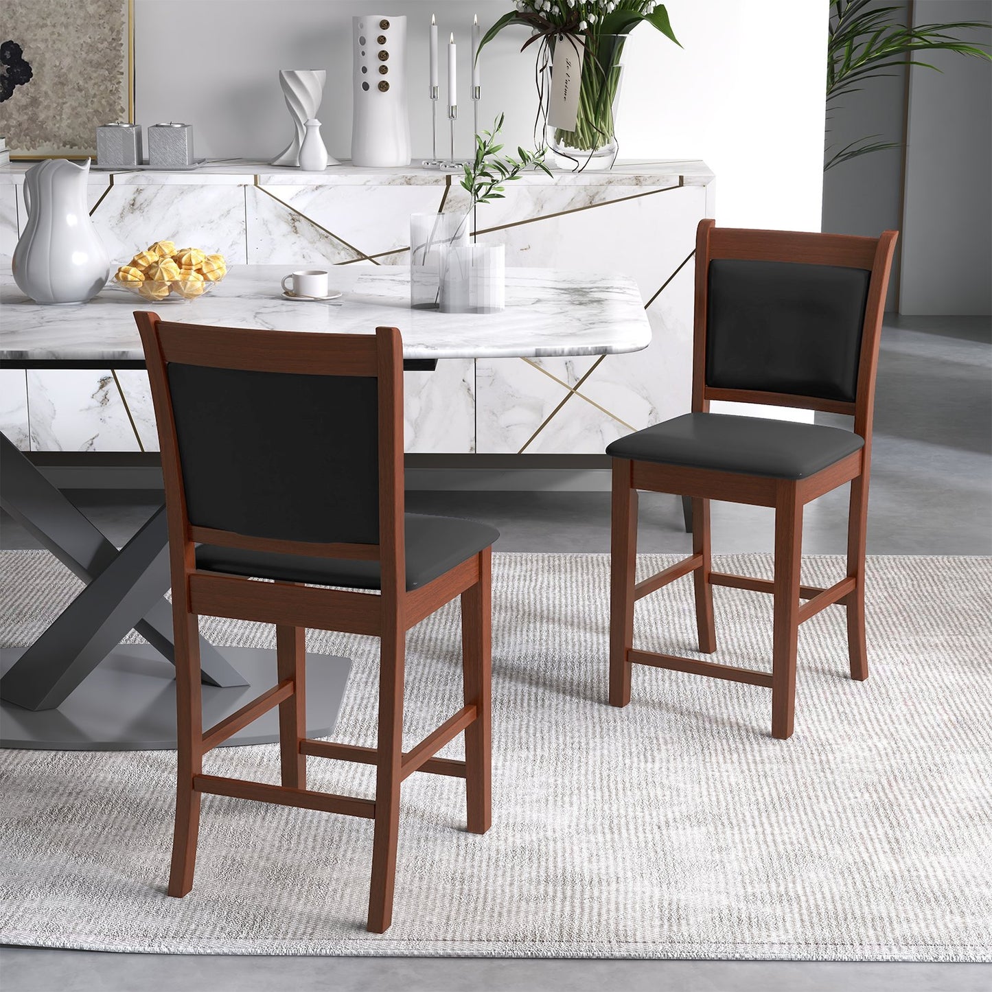 Upholstered Counter Stool Set of 2 with Solid Rubber Wood Frame, Brown