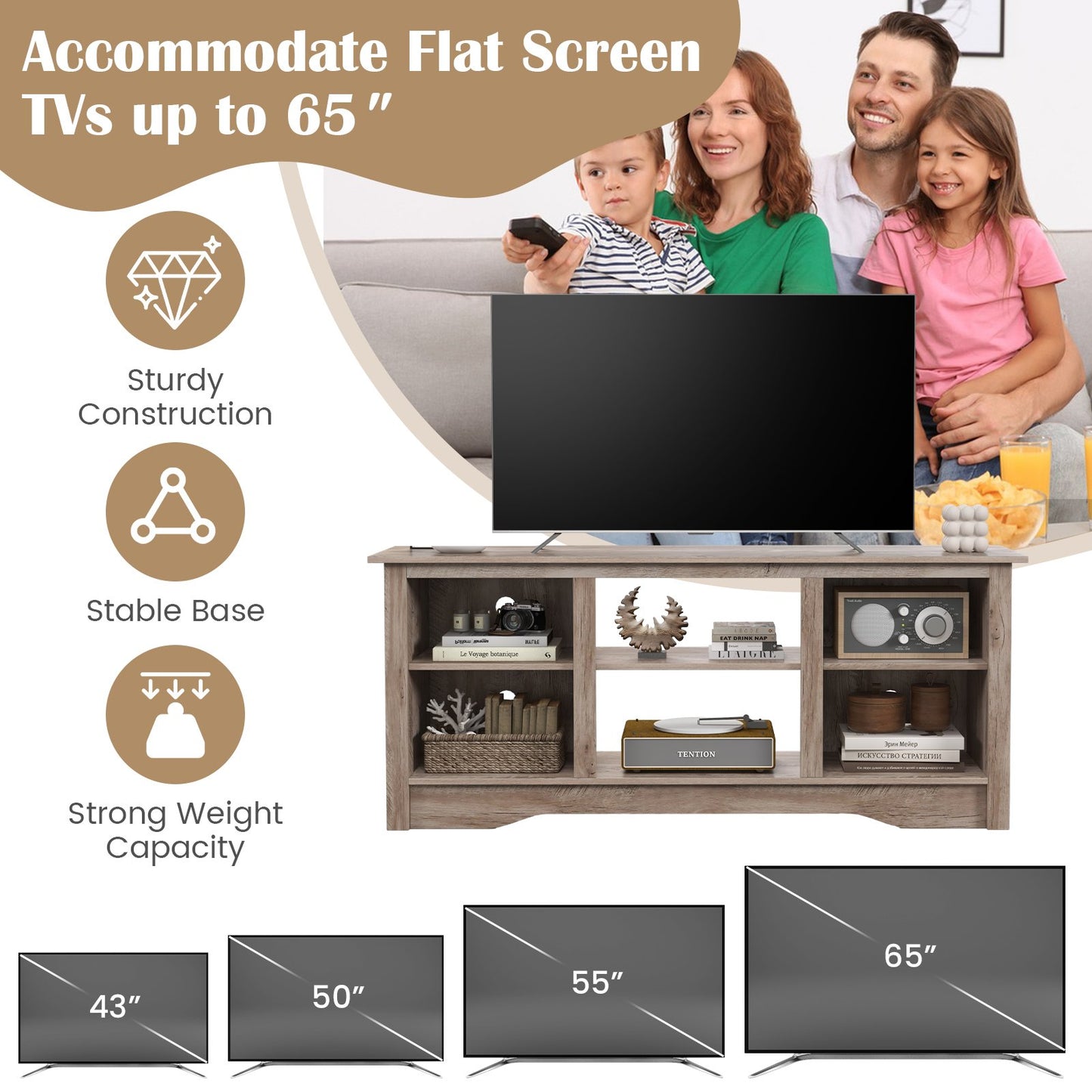 TV Stand for up to 65" Flat Screen TVs with Adjustable Shelves, Gray