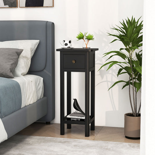 2 Tier Slim Nightstand, With Drawer Shelf, Black