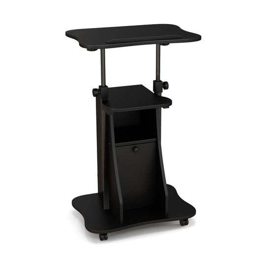 Adjustable Mobile Standing Desk Cart with Tilt Desktop and Cabinet, Black