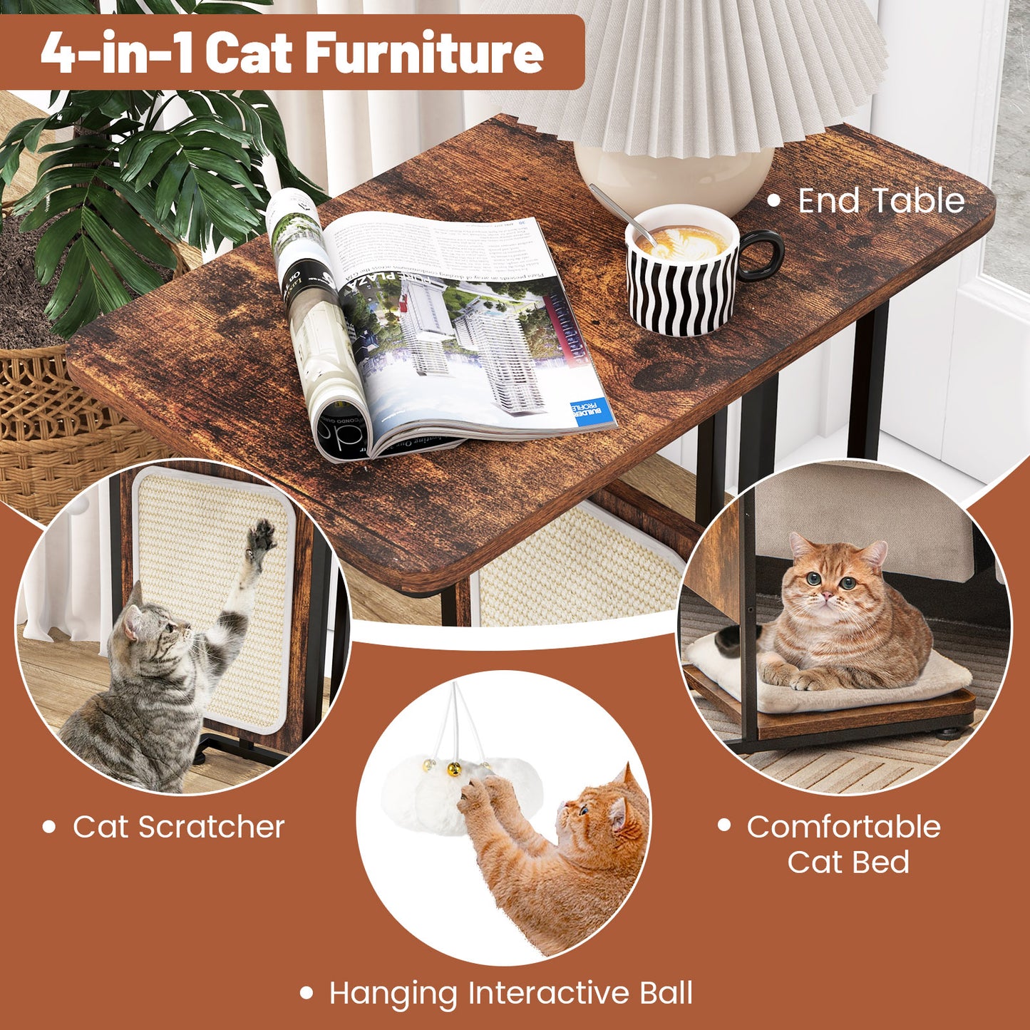 C- Shaped Cat Side Table Cat Tree with Scratching Board, Rustic Brown Cat Supplies at Gallery Canada