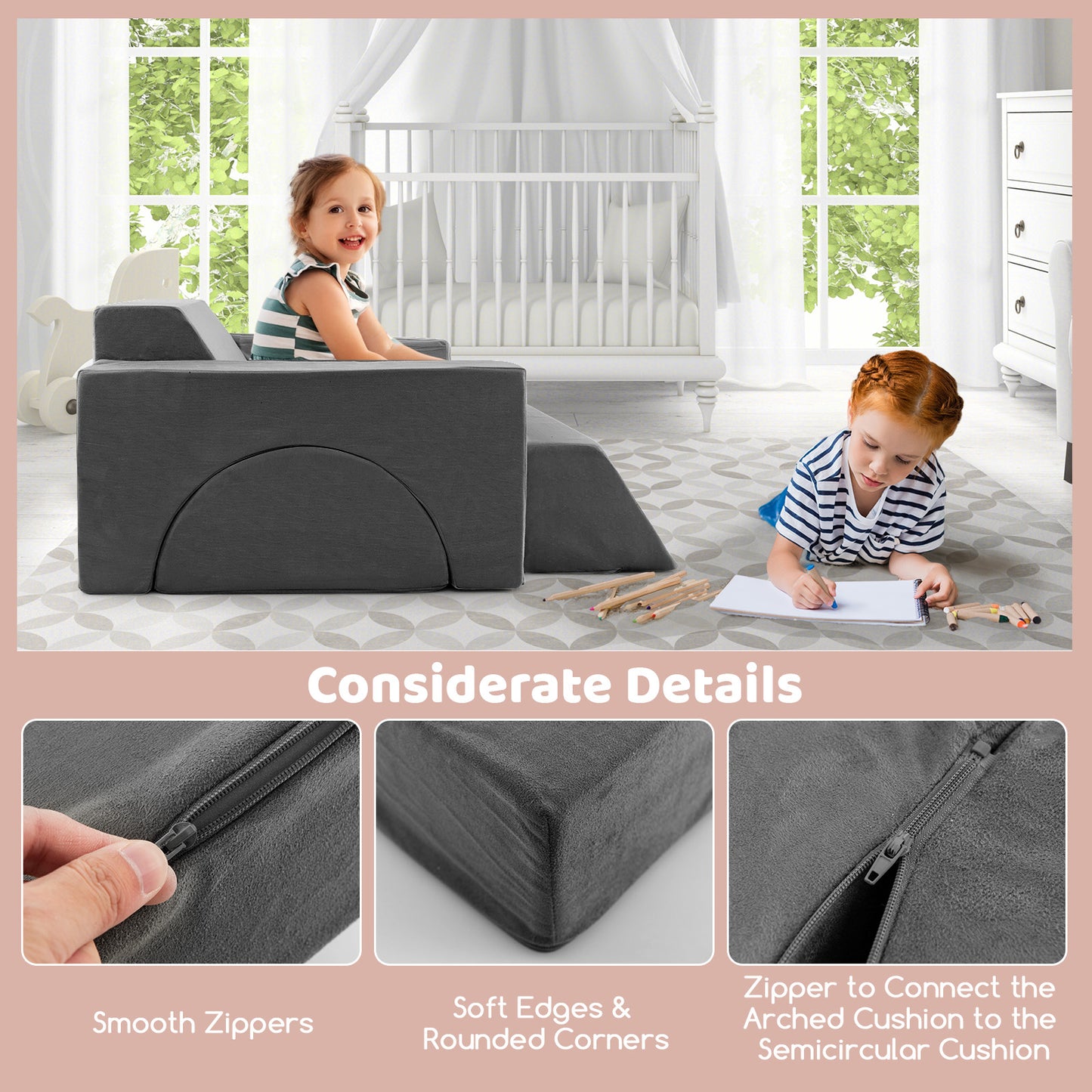 Kids Modular Play Sofa, 8 Pieces, Detachable Cover, Gray Kids Chairs & Seating at Gallery Canada