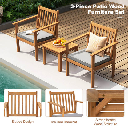 3 Pieces Patio Wood Furniture Set with soft Cushions for Porch, Gray