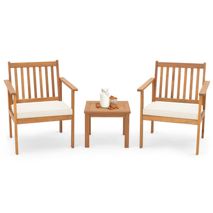 3 Pieces Patio Wood Furniture Set with soft Cushions for Porch, White
