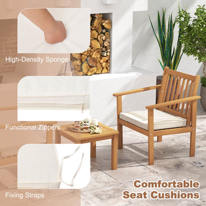 3 Pieces Patio Wood Furniture Set with soft Cushions for Porch, White