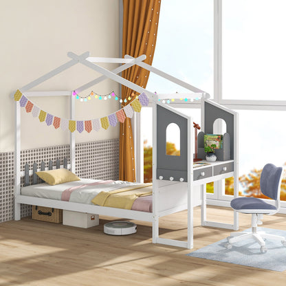 Twin/Full Bed Frame with House Roof Canopy and Fence for Kids-Full Size, White