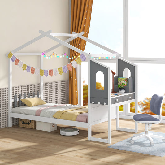 Twin/Full Bed Frame with House Roof Canopy and Fence for Kids-Full Size, White Toddler Beds Full Size at Gallery Canada