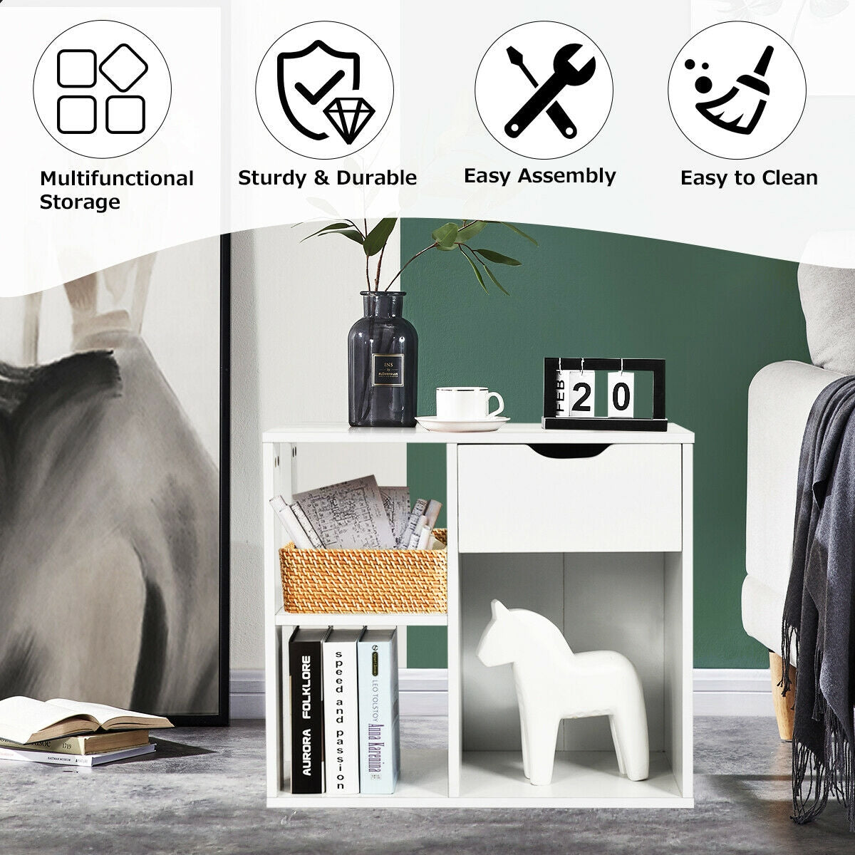 3-Tier Side Table with Storage Shelf and Drawer Space, White End & Side Tables at Gallery Canada