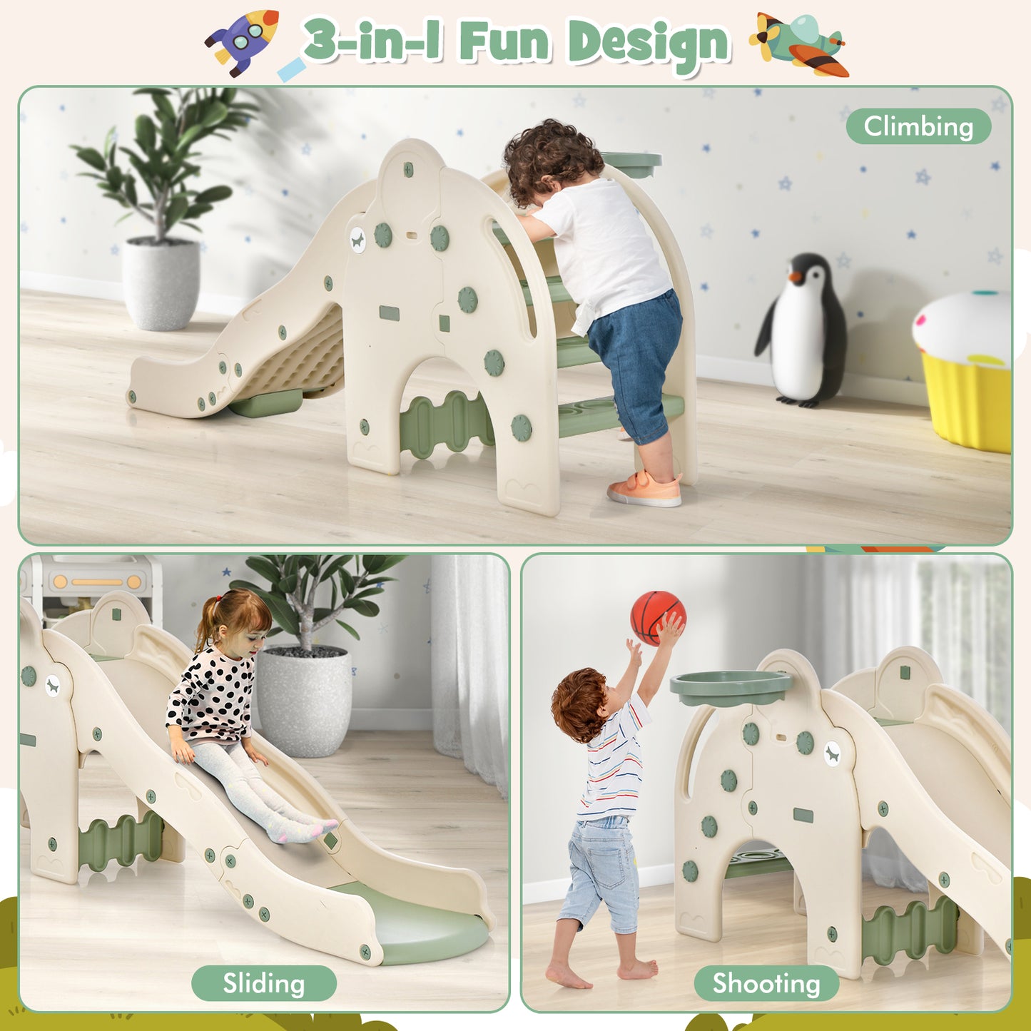 4-in-1 Toddler Slide Kids Play Slide with Cute Elephant Shape, Green Climbers & Slides at Gallery Canada