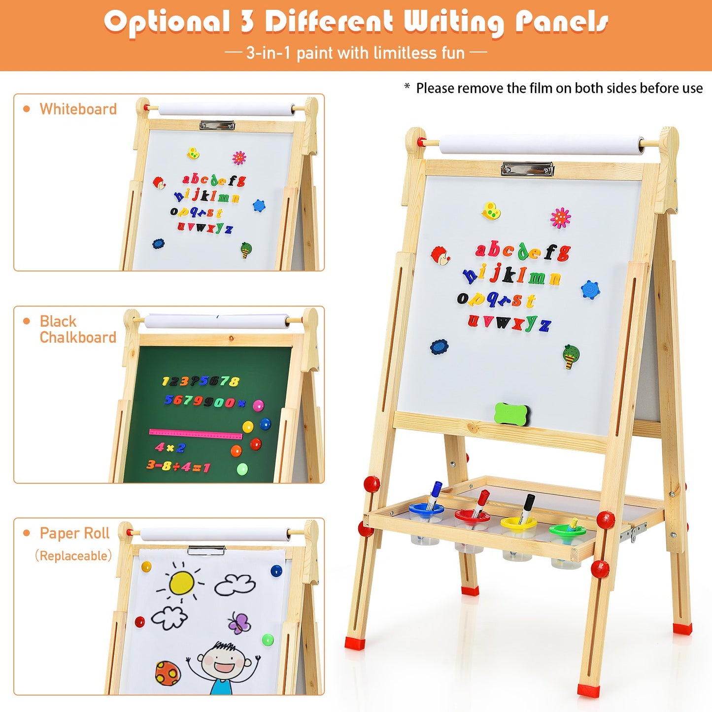 Kids Art Easel with Paper Roll Double-Sided Regulable Drawing Easel Plank, Natural