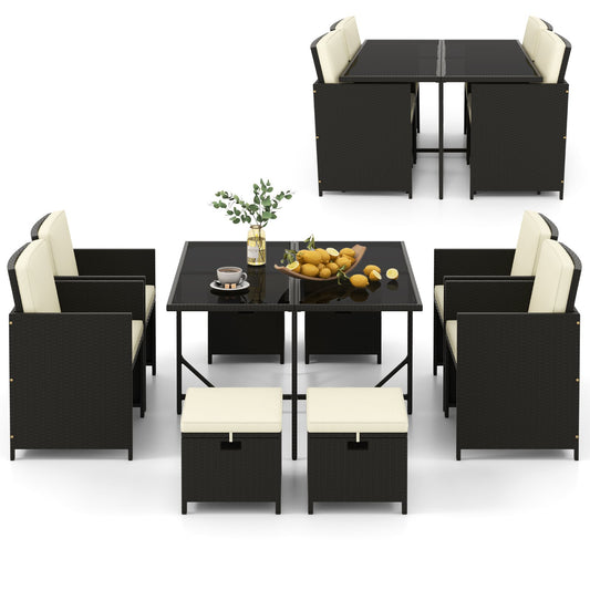 9 PCS Outdoor Dining Furniture Set with Tempered Glass Table and Ottomans, White