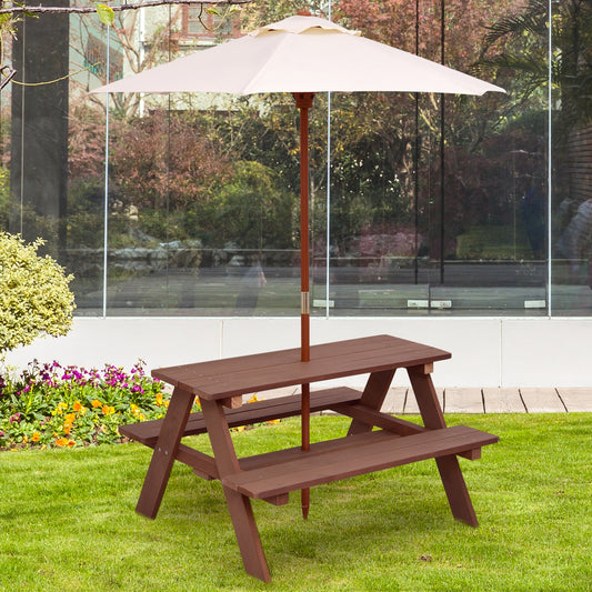 Outdoor 4-Seat Kid's Picnic Table Bench with Umbrella, Brown