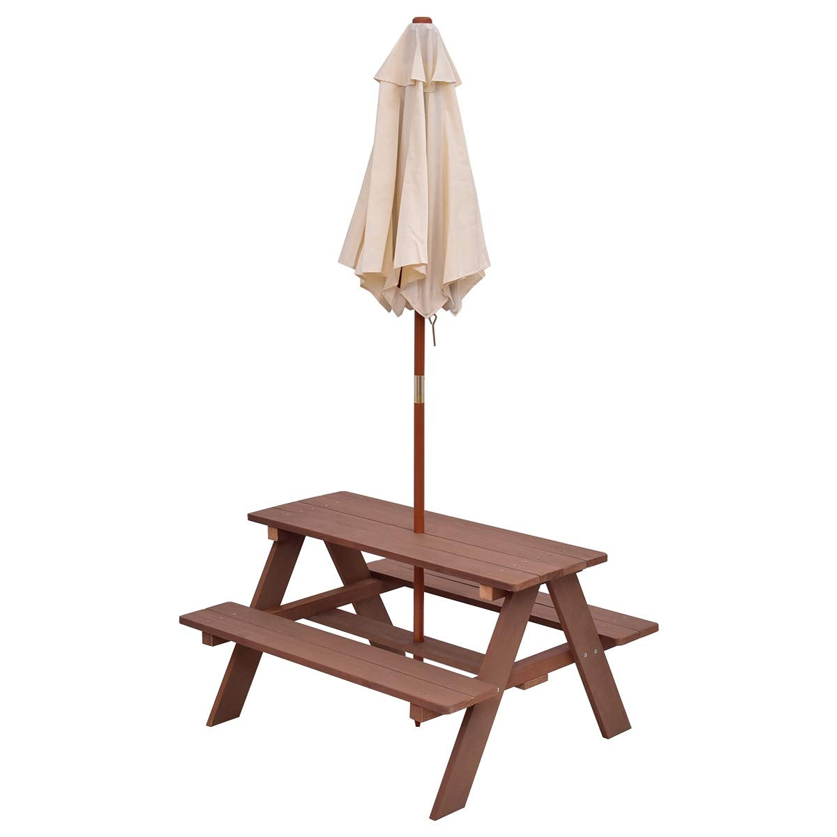 4-Seat Kids Picnic Table Bench With Umbrella, Brown