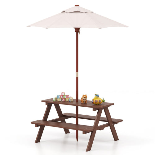 Outdoor 4-Seat Kid's Picnic Table Bench with Umbrella, Brown